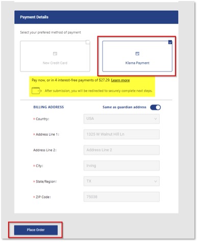 Klarna Payment Option scren