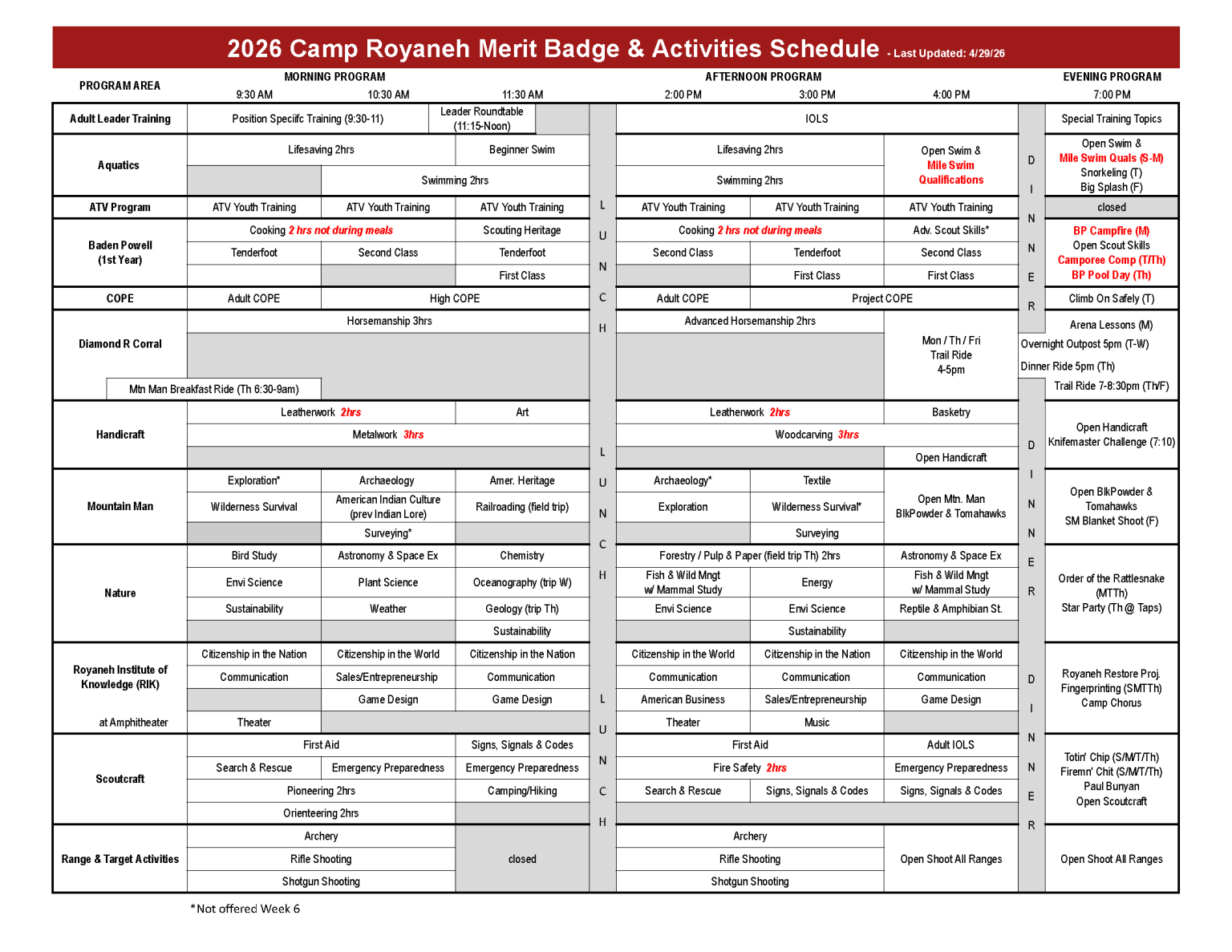 2026 Royaneh Merit Badge Schedule 20260429