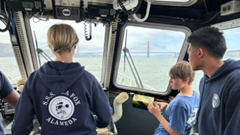 Sea Scout Ship 9 (Sea Fox) on their summer cruise 2026 heading toward the Golden Gate Bridge.